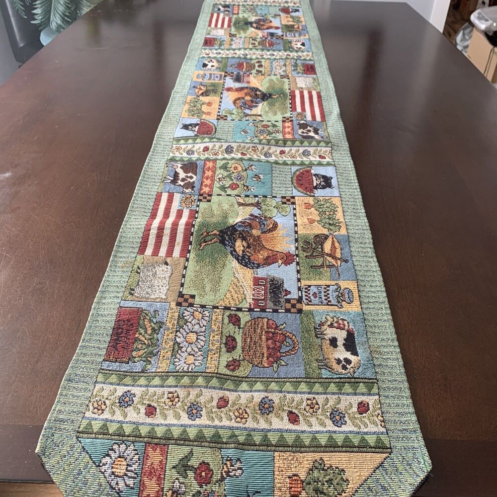 Farm table runner with animals pigs, roosters, cows, cat, corn, apples 70" X 12"